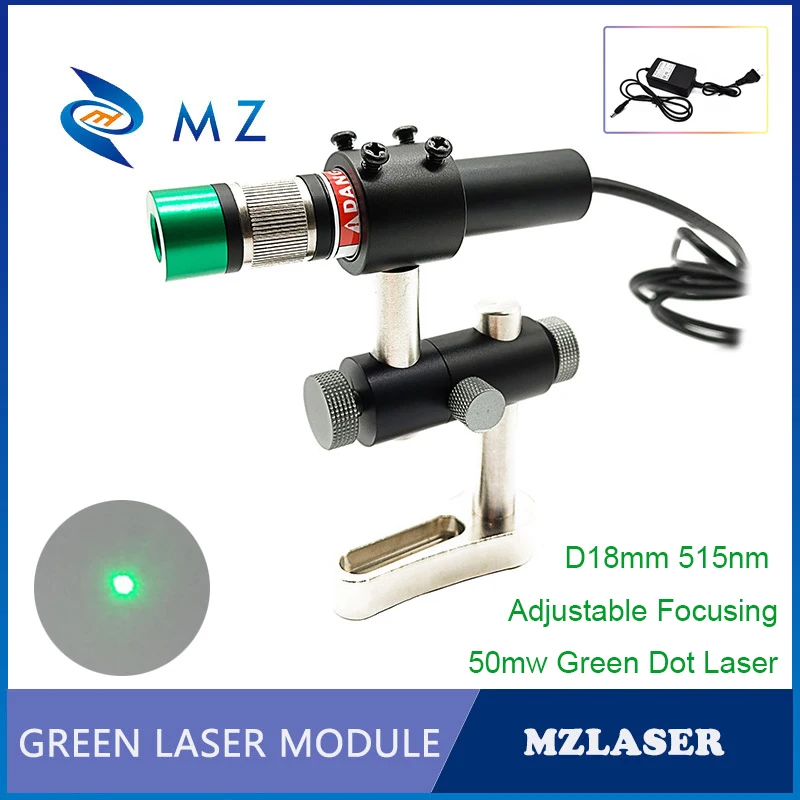 High Quality Adjustable Focusing Green Dot Laser Module D18mm 515nm 50mw Long Service Life With Bracket + Adapter Supply