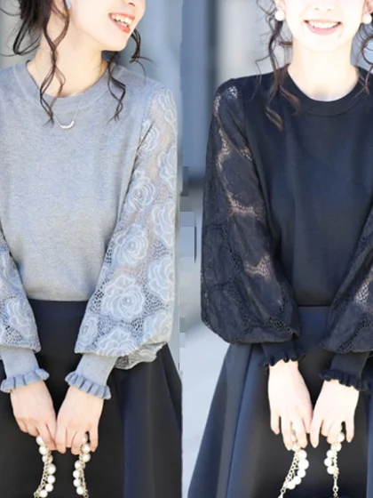 

Korean Japanese Sle Lace Bubble Sve Patchwork Knitted Sweater Faionable All-Match Overhead Top Women's Spring Autumn W...