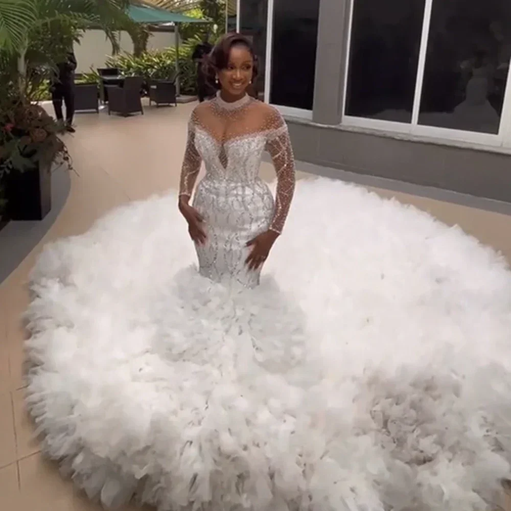 Customized Gorgeous Beaded Mermaid Wedding Dresses Ruffles Tiered Train Wedding Gown High Neck Sequin Multi-Tiered Tulle Trumpet