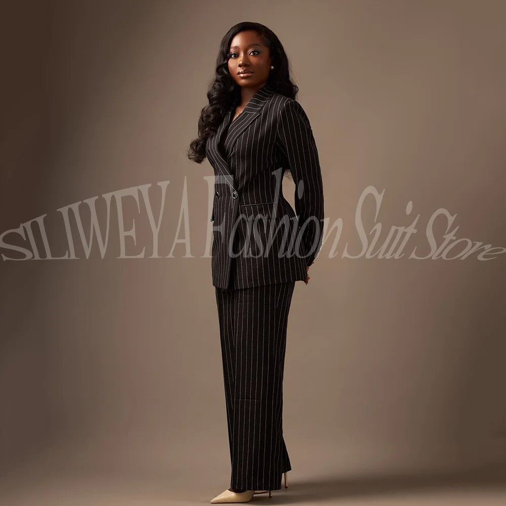 Elegant Black Pinstripe Double Breasted Suits For Women Formal Office Blazer And Wide Leg Pants Set Smart Casual Female Suit