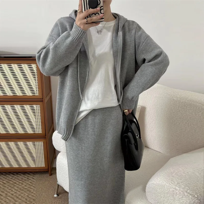 Korean Lazy Style Women Knitted Sweater Casual Set Autumn Winter Hooded Zipper Cardigan Tops Knitwear Long Skirt Two-piece Suit