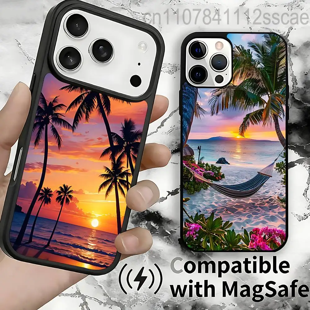 

Магнитный беспроводной чехол для iPhone 11, 12, 13, 14, 15, 16, 17, Pro, Max, Plus с рисунком пальмы, заката и океана, ударопрочный