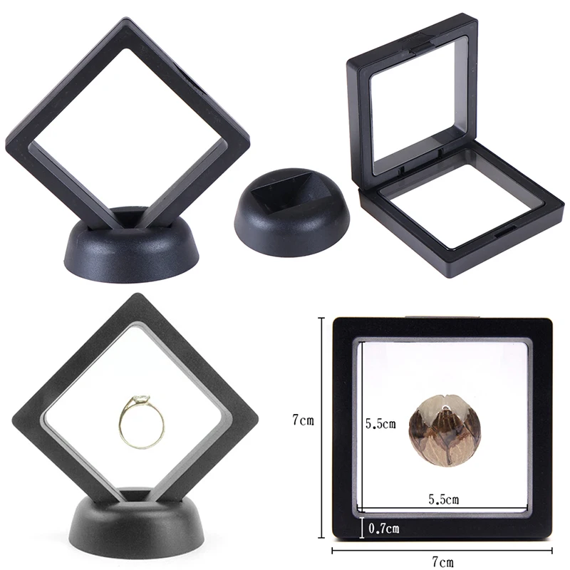 70*70mm Black 3D floating jewelry coin display frame holder box case w/ stand