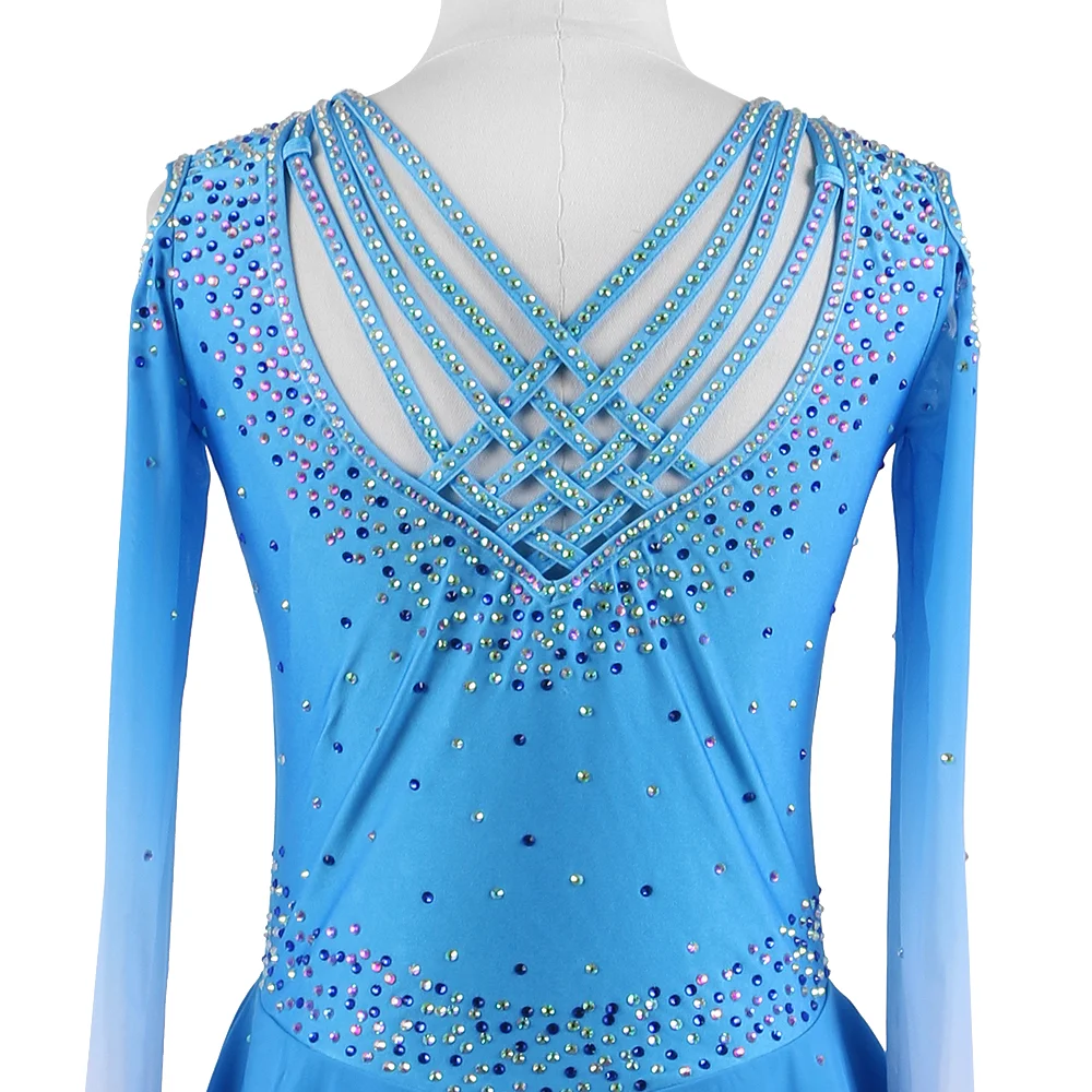 Zagitova Figure Skating Dress Women Girls Ice Skating Skirt Gradient Blue Off Shoulder With Shiny Diamond Mesh Skirt