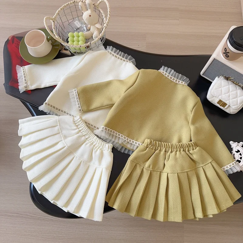 Children\'s Clothing Sets Lace Long Sleeve Coat + Pleated Skirt 2pcs Kids Clothes Girls Outfit Sets 2 To 7 Years Toddler Clothes