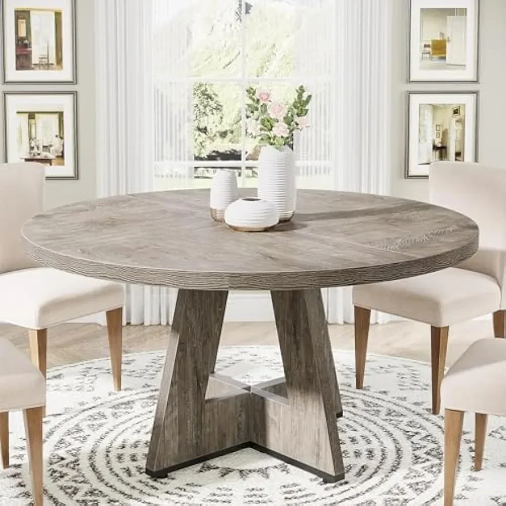 Kitchen dining table, circular 47 inch gray farmhouse wooden dining table, living room (excluding chairs) dining room table