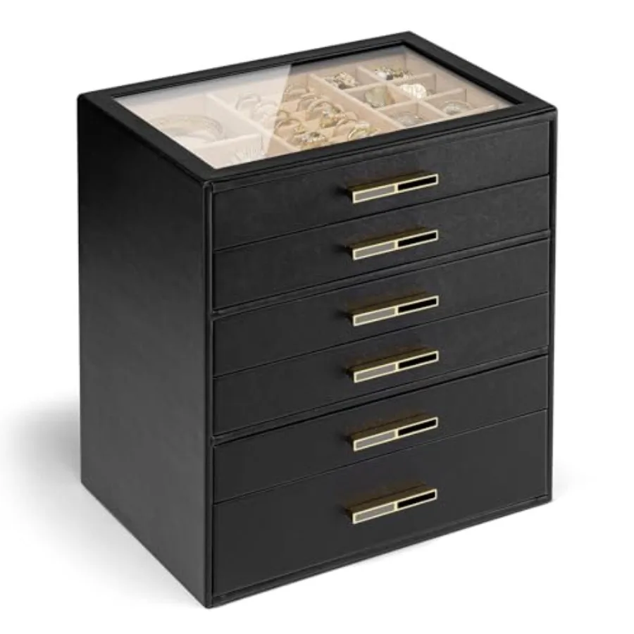 

6-Drawer Jewelry Box with Glass Lid Faux Leather Organizer for Rings Earrings Necklaces and More Gift-Ready Jewelry Case for Wo