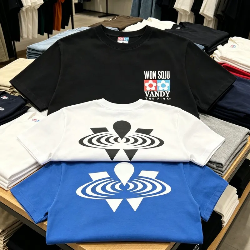 Summer Casual Street Outfit VANDYTHEPINK T-shirts Cotton Red Blue Logo Ripple Print Letter Round Neck Short Sleeve Men Women