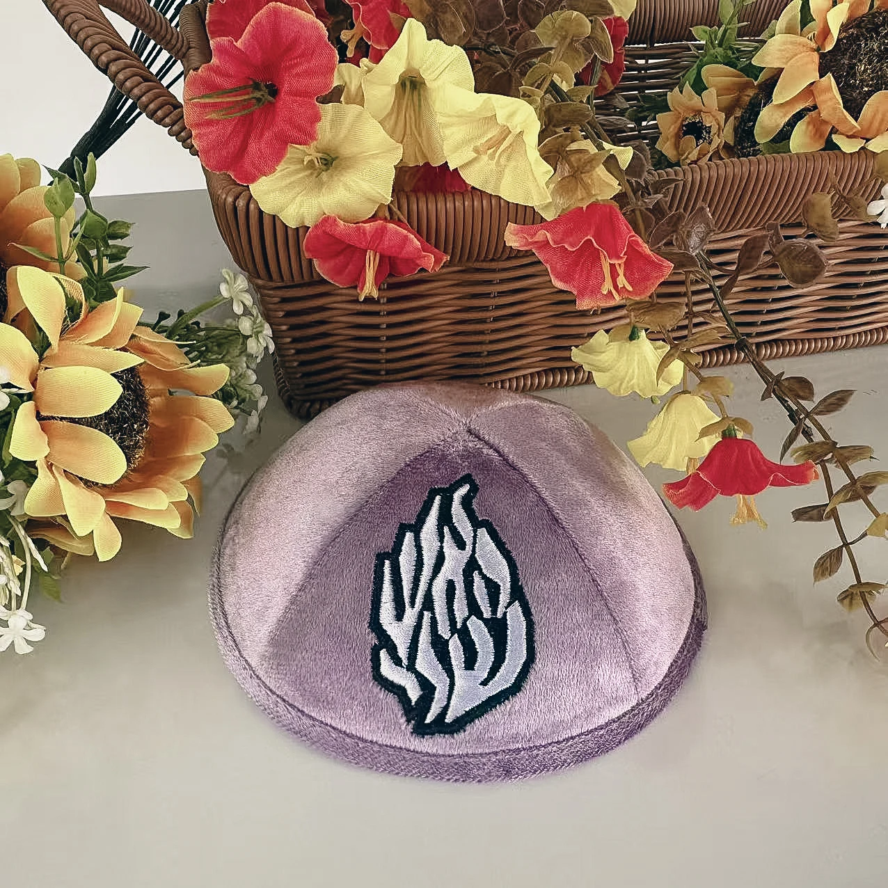 Flame Embroidered Linen Kippah Jewish Ahava Customizable Wedding, Bar/Bat Mitzvah Jewish Gift Yarmulke Suede