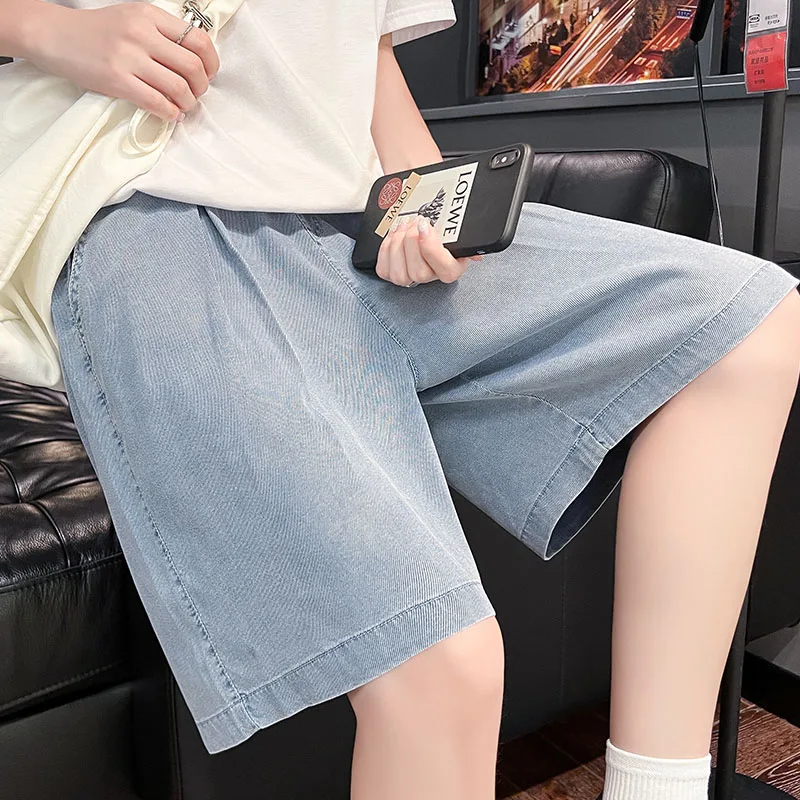 Women'S Summer Thin High Waist Loose Slim Wide Leg 5-Point Pants Female Fashion Casual Versatile Elastic Waist Denim Shorts