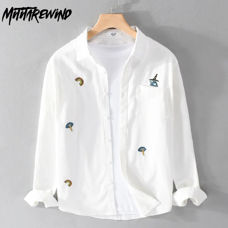 

Chic Embroidered White Shirt Men Spring Fall Youth Tops Lapel Casual Pure Cotton Long Sleeve Shirts Man Korean Fashion Clothes