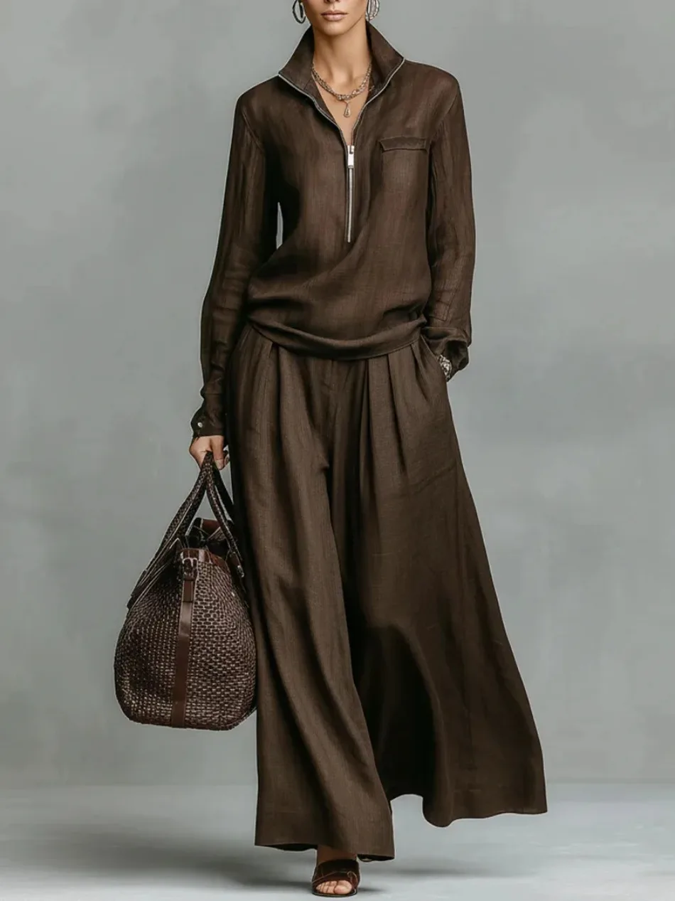 Elegantes, solides, lockeres zweiteiliges Set, modischer Pullover mit Revers und Reißverschluss & weit geschnittene Hose, Damen-Freizeitoutfit mit langen Ärmeln. – Detail 4