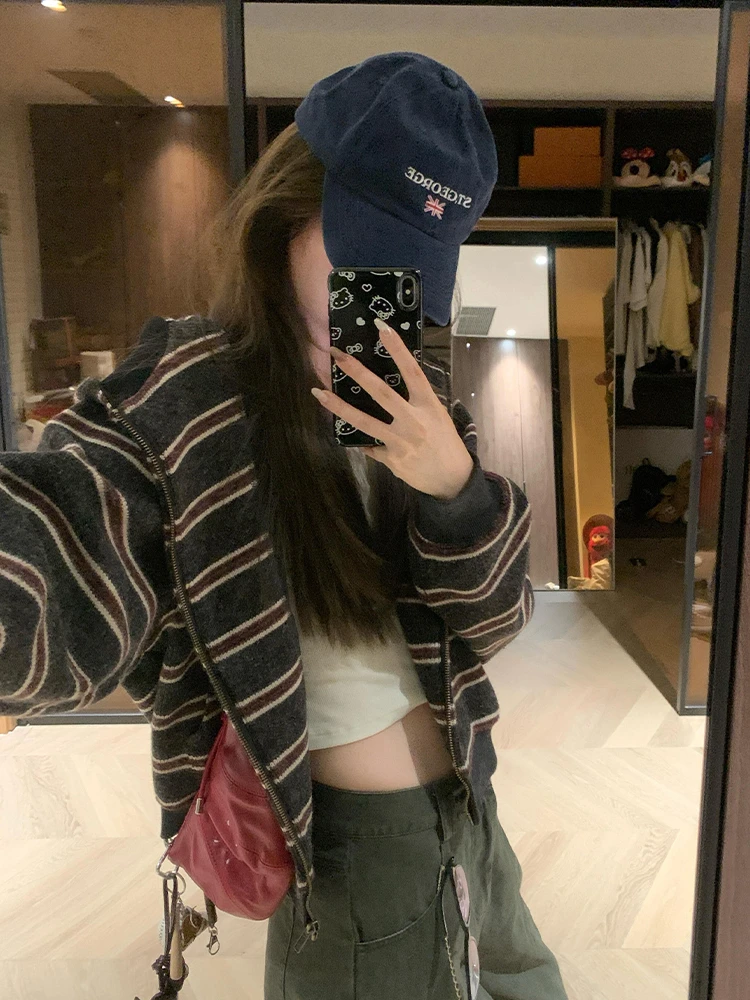 Felpa con cappuccio a righe americane retrò con cerniera maglione lavorato a maglia da donna cappotto design autunnale cardigan aperto unico top lungo Sve