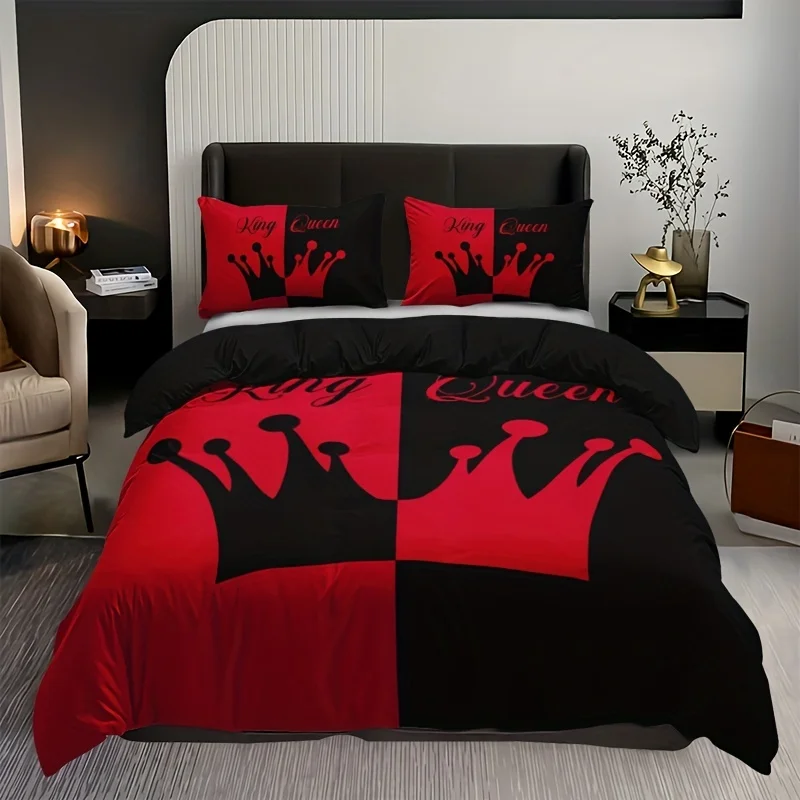 3-Piece Black And Red Crown Pattern Duvet Cover Set - Soft, Breathable, And Hypoallergenic Bedding For Bedroom And Guest Room