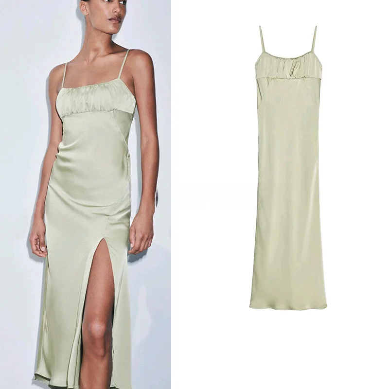 Ele High Waist Silk Satin Gown with Pleated Straight Ne Design Summer Long Svel Dr for Women