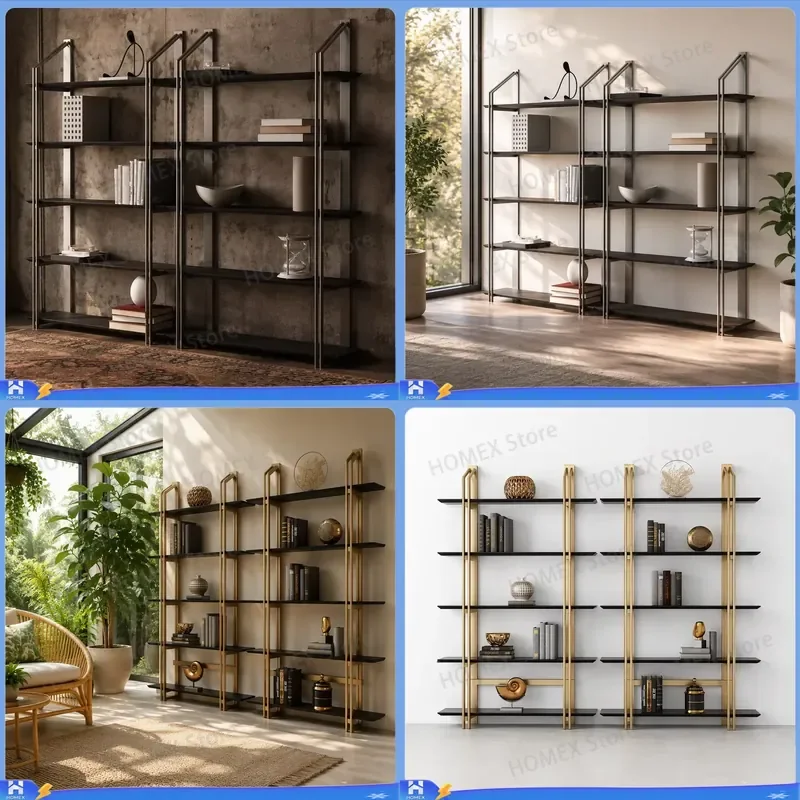 Modern Stainless Steel Standing Bookshelf Adjustable Open Display Storage Rack for Living Room Books Items Home Organizer