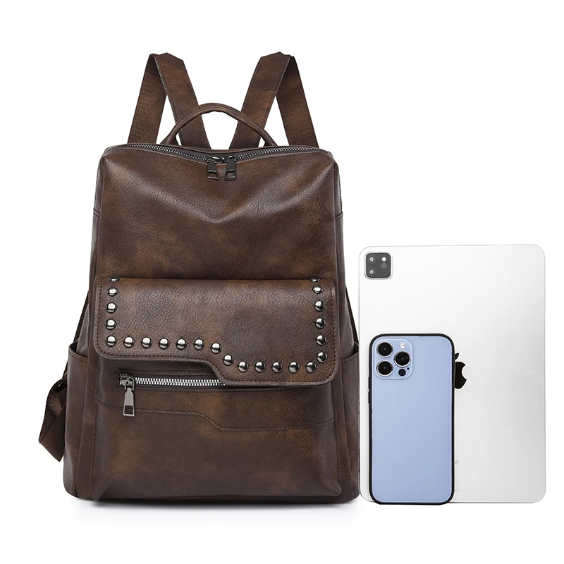 

Однотонные модные вместительные рюкзаки из искусственной кожи на молнии с заклепками, Лидер продаж 2024, женские сумки высокого качества, Mochila Mujer Mochila