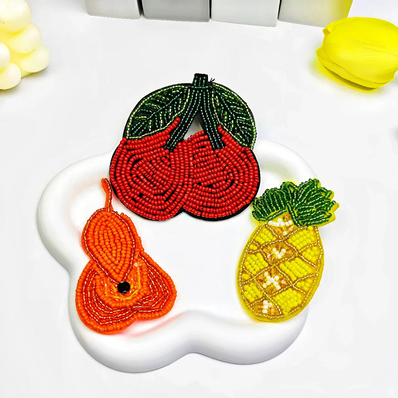 Handmade embroidered fabric appliqué with creative fruit designs including pineapple, strawberry, and cherry, and beaded embroid