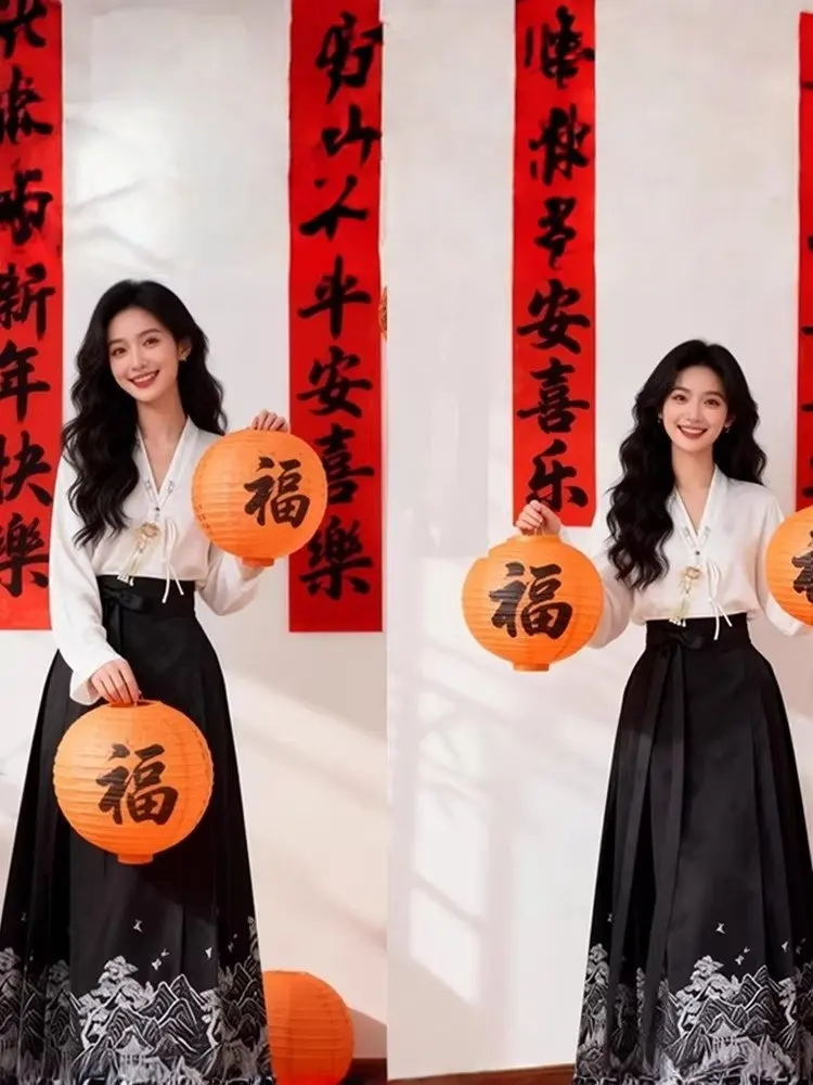 

Новый китайский комплект: юбка ханьфу с высокой талией и топ, женский модный весенне-осенний облегающий комплект из двух предметов, традиционный национальный стиль