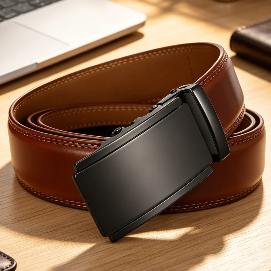 Plyesxale 3.5cm Width Business Men's Belt Genuine Leather Alloy Automatic Buckle Luxury Cowhide Suit Belt for Men Wholesale B46