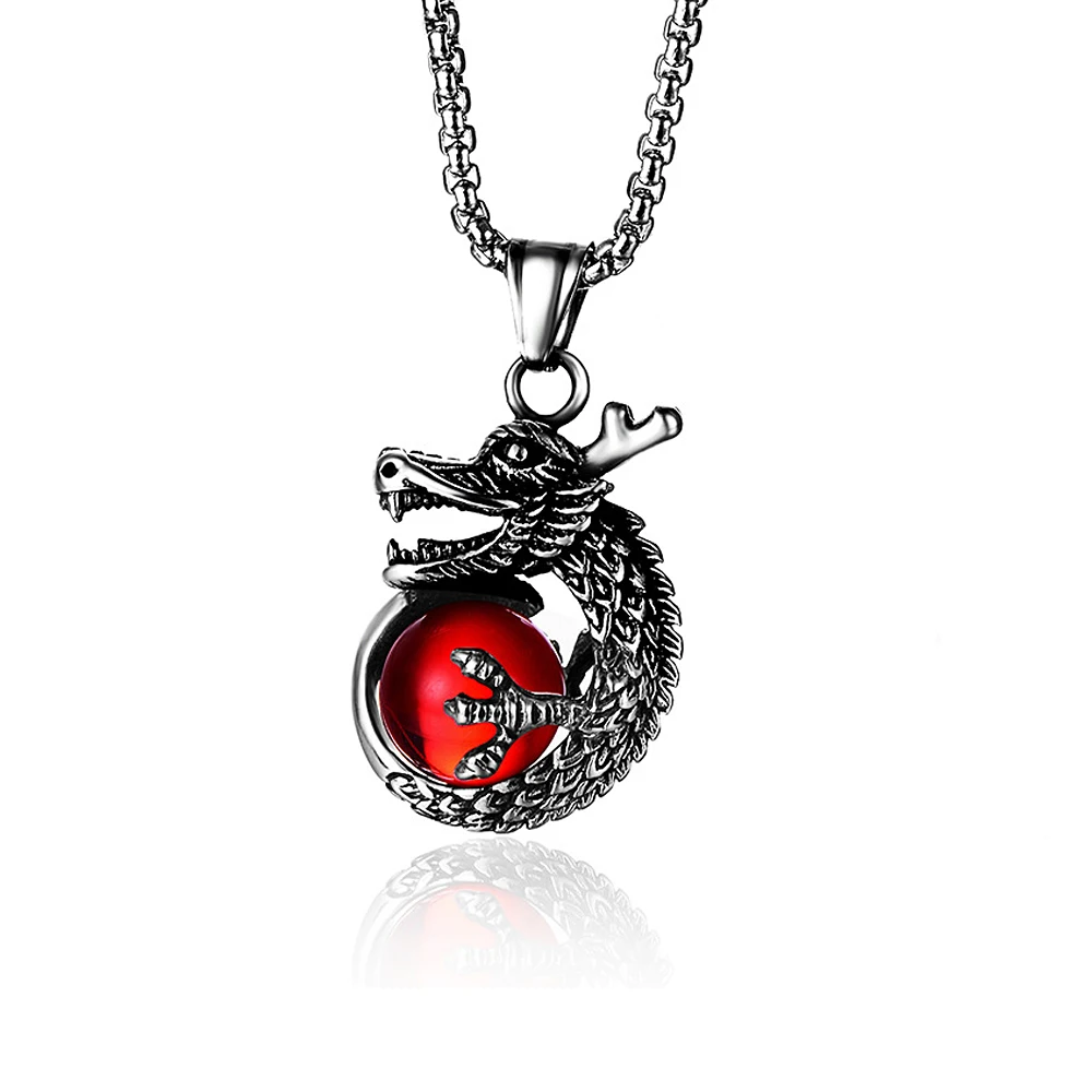 Vintage Punk Dragon Holding a Ball Pendant Necklace Stainless Steel Fashion Red Stone Animal Necklaces For Men Party Jewelry