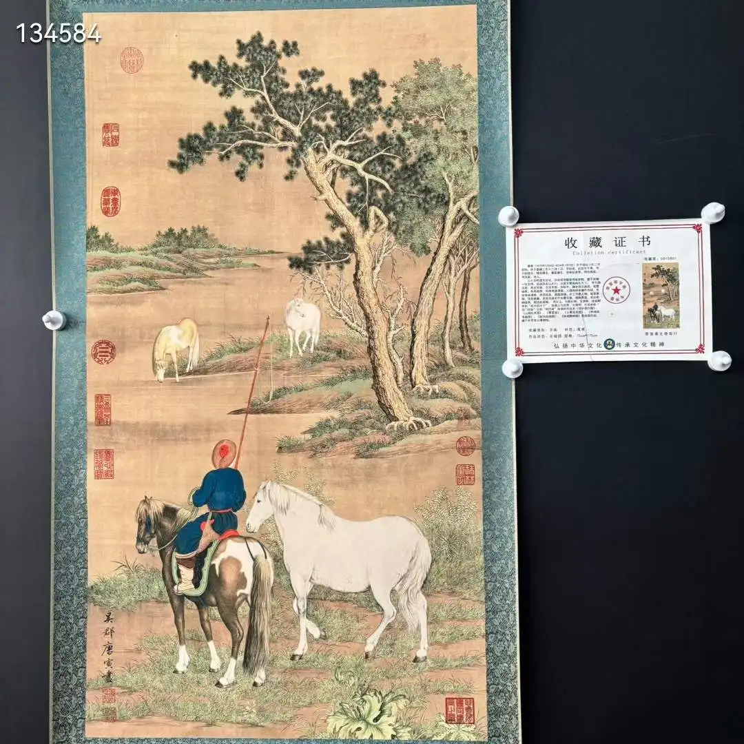 

175x75cm, Old Chinese Xuan Paper Scroll, Certificate,Calligraphy and Painting, Wrangler, Herdsman, by Tang Yin Bo-hu