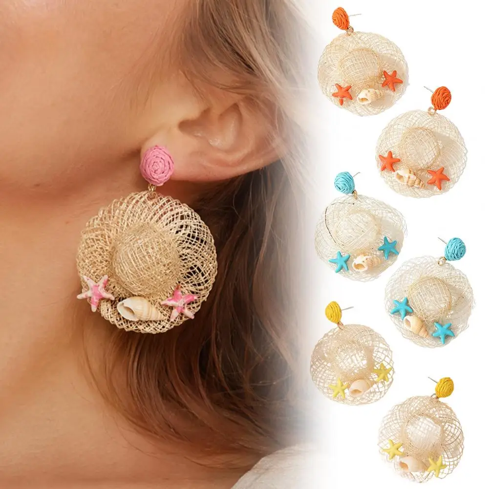 1 Pair Raffia Statement Earrings for Women, Woven Straw Hat Dangle Drop Earrings, Boho Shells Starfish Rattan Bohemian Earrings