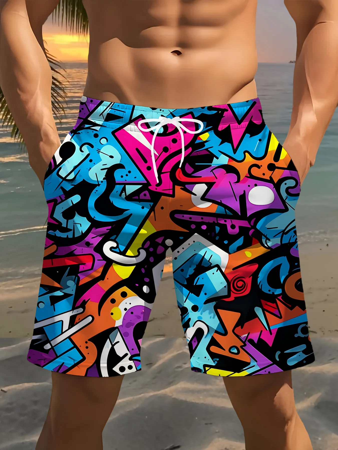 Men's Summer Swim Trunks, Hawaiian Style Color Block 3D Print Beach Shorts, Outdoor Quick-Drying Breathable Sports Pants