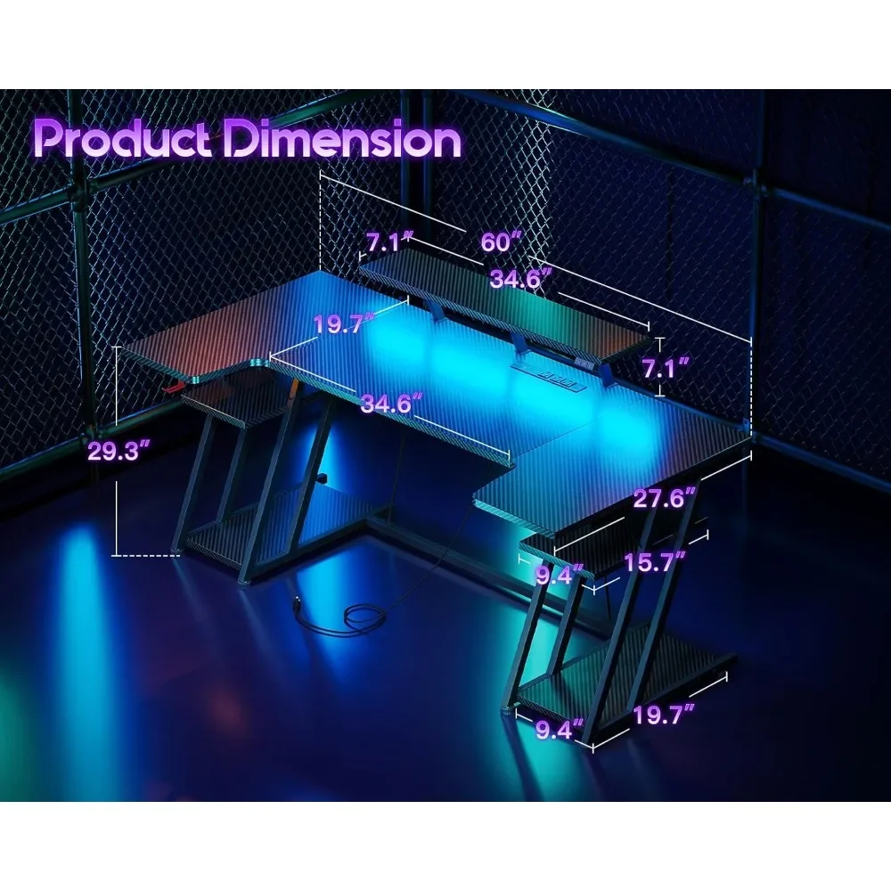 Gaming Desk with LED Lights, 60 Inch U Shaped Desk with Power Outlet, Gaming Computer Desk with Storage Shelves, PC Gaming Table