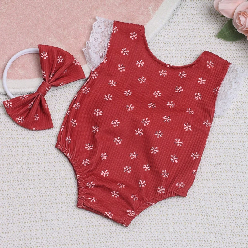 Ylsteed Newborn Girl Christmas Photography Outfit Baby Back Big Bow Red Romper with Headband