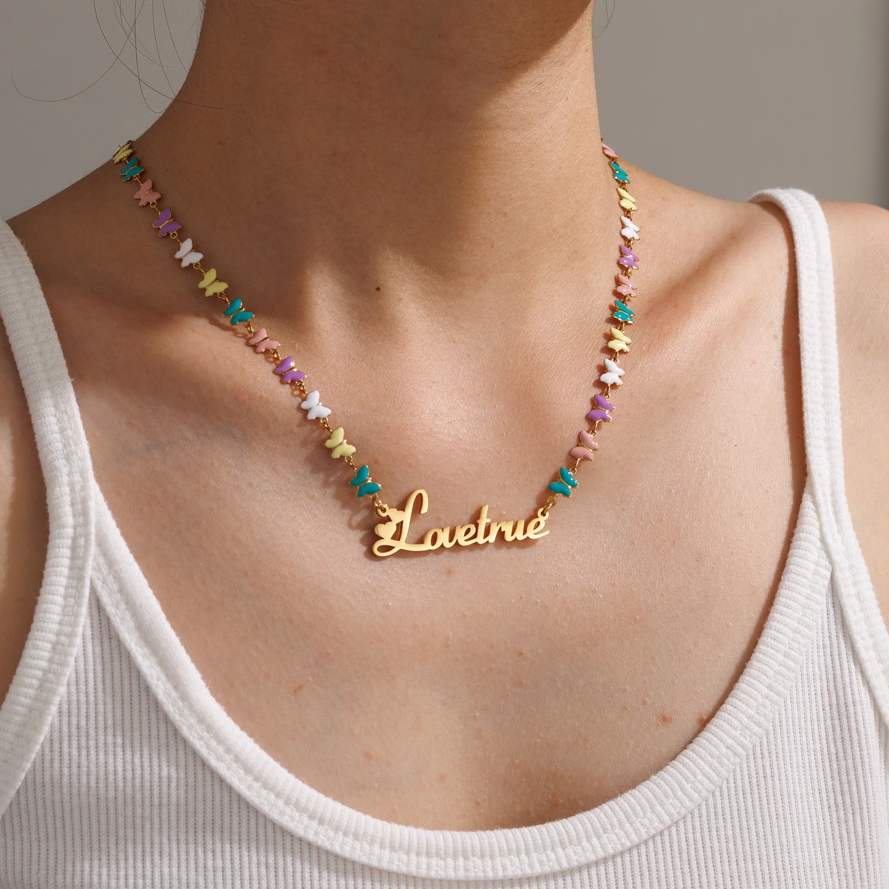 Atoztide Custom Name Necklace Bracelet Jewelry Set with Color Oil Butterfly Chain Stainless Steel Personalized Birthday Gift view 6