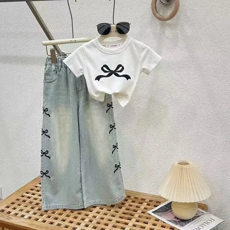 

Kids Girls' Summer Thin Suit Teenage Girls' Wide Leg Jeans T-shirt Two-piece Set Mid Size Children's Fashion Clothing 110-160CM
