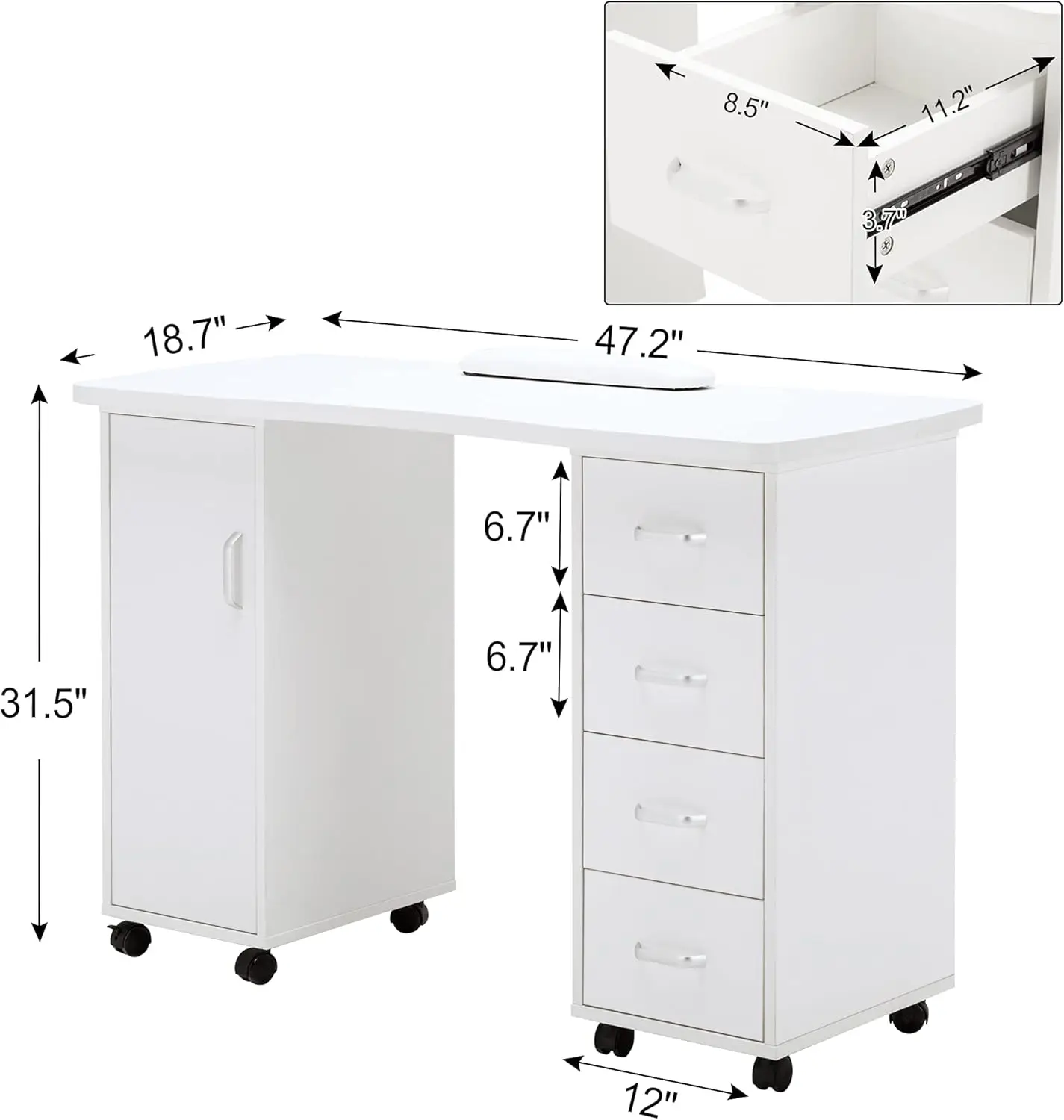 BarberPub Manicure Table Acetone Resistant Nail Desk with 4 Drawers 2 Cabinet Lockable Wheels Wrist Pad Beauty Salon White