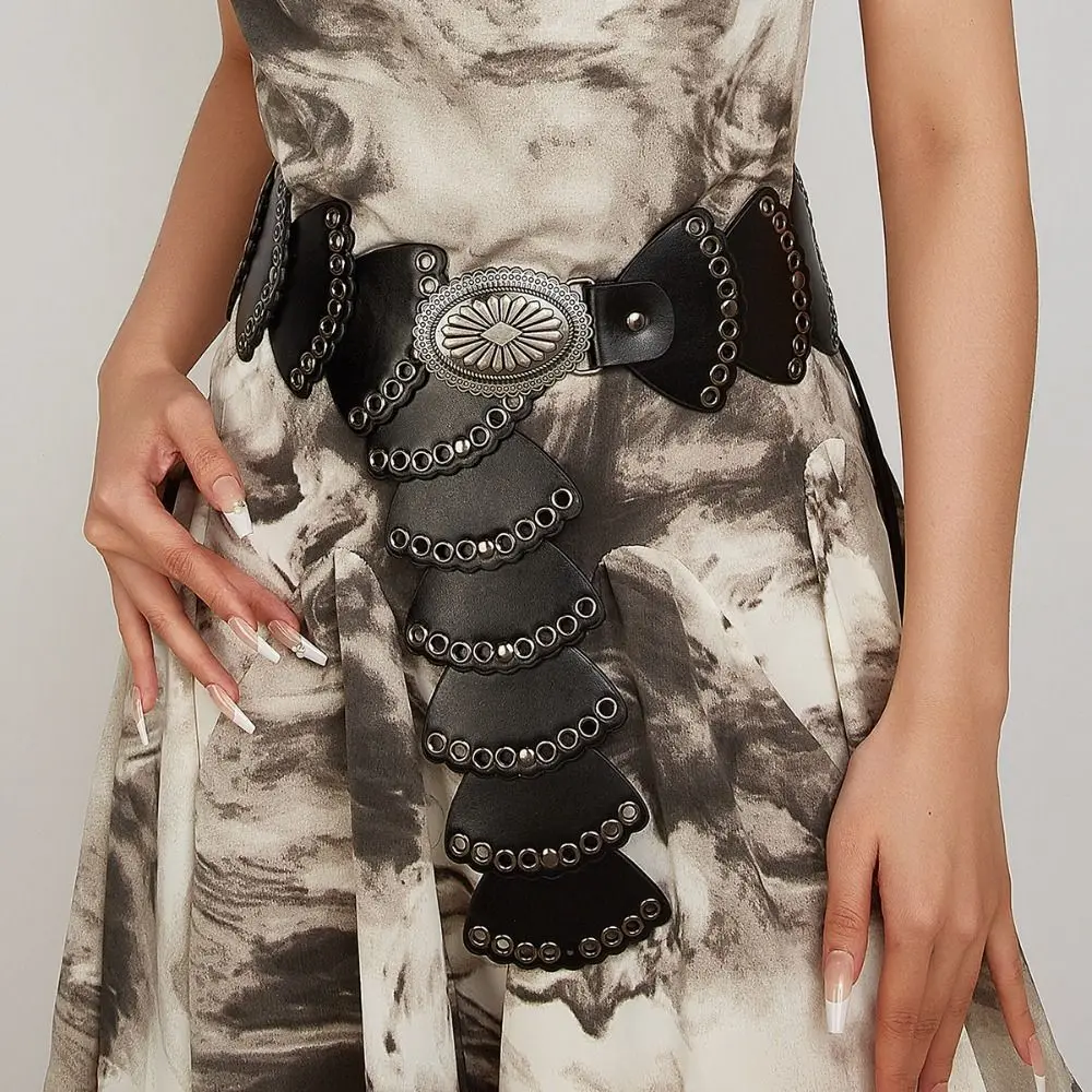 حزام جلدي واسع هندسي مسطح ، حزام خصر ، حزام خصر ، تصميم فاخر ، أزياء عتيقة ، متعددة الاستخدامات