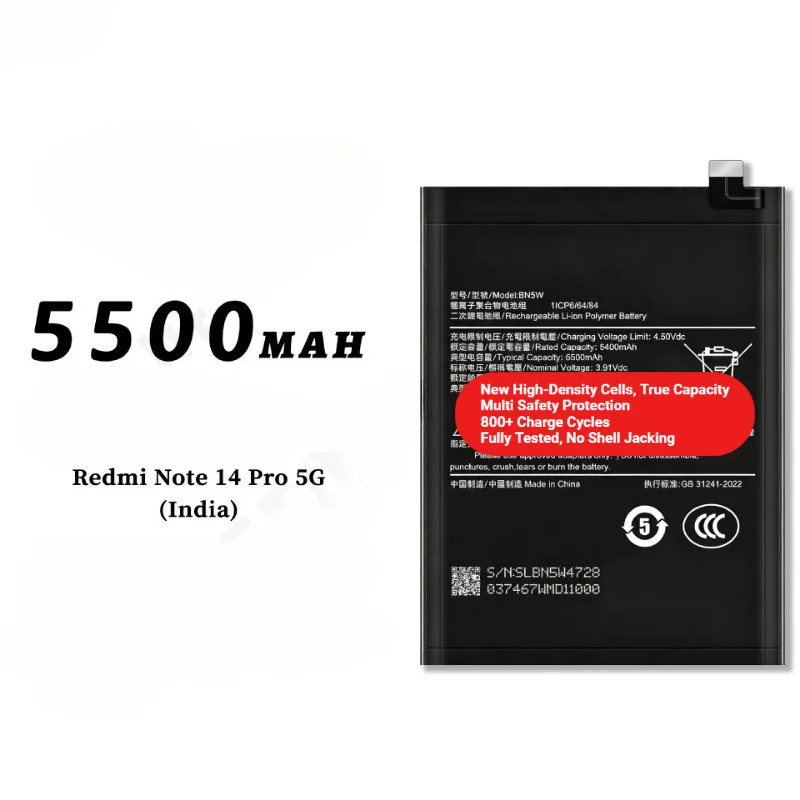 BN5W for Xiaomi Redmi Note 14 Pro 5G (India) Phone Battery 0 Cycle High Capacity Battery Replacement Bateria Grade A Cell  Tools