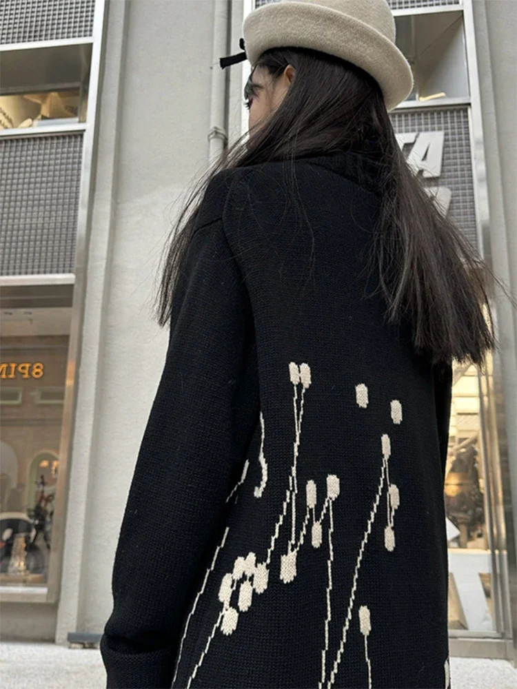 FANTASTION 音符プリント ウールブレンド カーディガン オーバーサイズ ミッドレングス コートガン ハイネック ユニセックス セーター 秋冬用