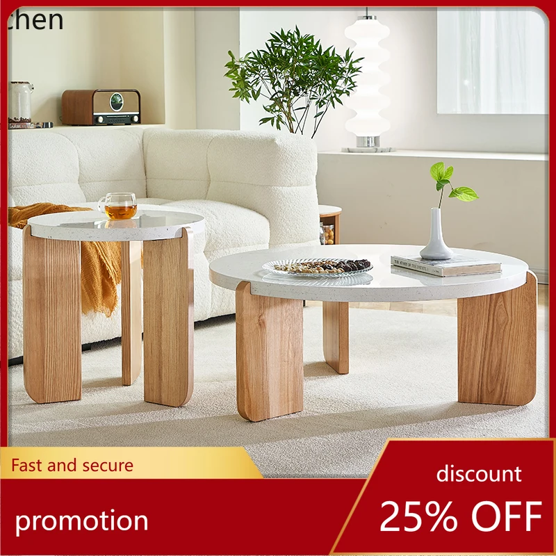 

HXL Solid Wood Coffee Table Water-Milled Stone Round Table Round White Wax Wood Furniture