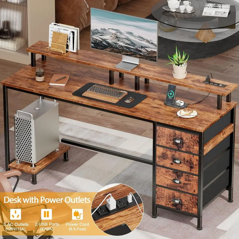 Escritorio para juegos marrón rústico 55 con 4 cajones, tomas de corriente, luces LED y soporte para monitor para oficina en casa compacta