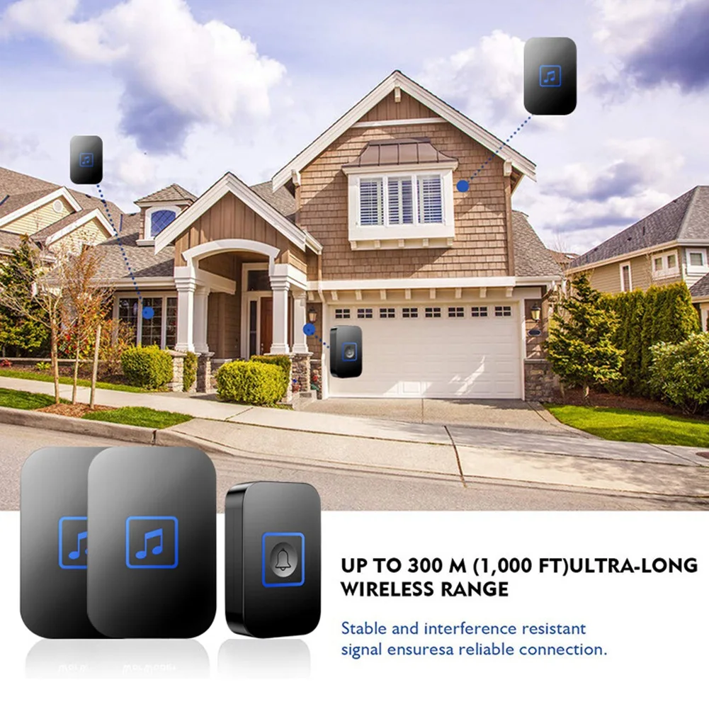 

A23G Wireless Doorbell Waterproof 300Meters Range/LED Light/Home Cordless Door Bell with 1 Receiver Adjustable Volume UK Plug