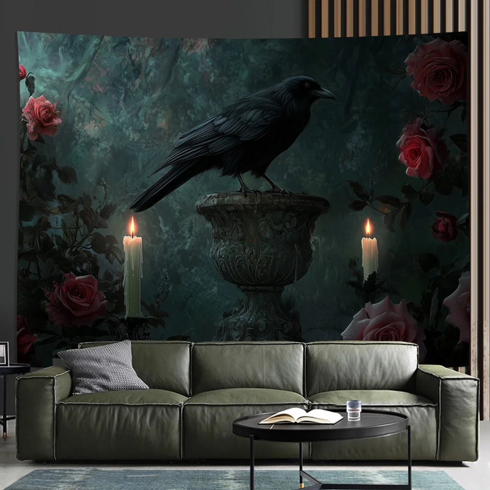 Gothic Black Crow Cemetery Halloween Tapestry Room Decoration Home Decor Bedroom Wall Hanging Fabric
