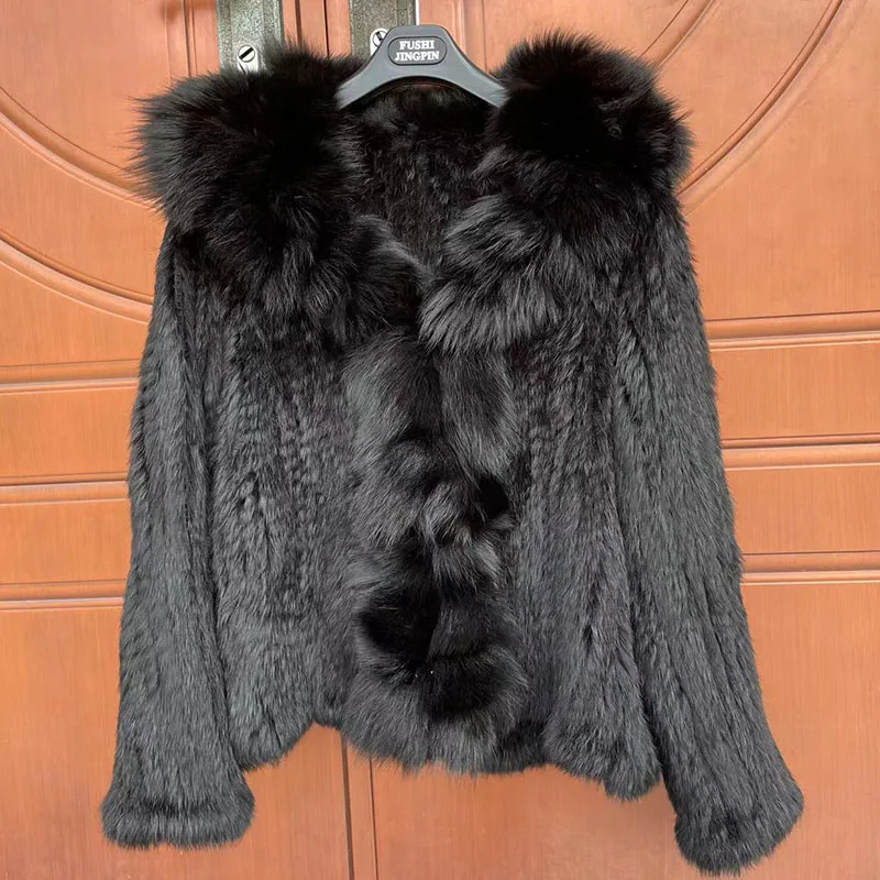 2023 New Women Knitted Real Rabbit Fur Coat With Real Fox Fur Collar Female Long Sleeve Autumn Luxury Genuine Rabbit Fur Jacket