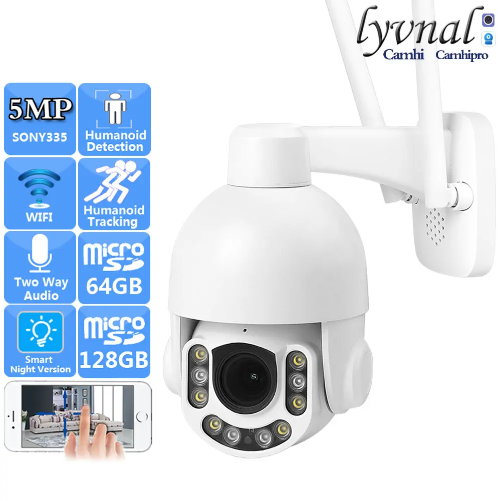 HD 5MP SONY335 Wireless Surveillance Wifi PTZ Dome 5X Zoom Autofocus Two Way Audio Human Tracking IR/Color Night Vision