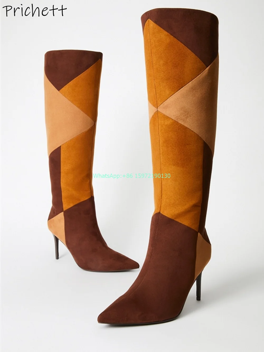 Brown Orange Mixed Color Boots Pointy Toe Thin Heels Zipper Niche Knee High Boots Women's Fashion Street Photo Runway Boots