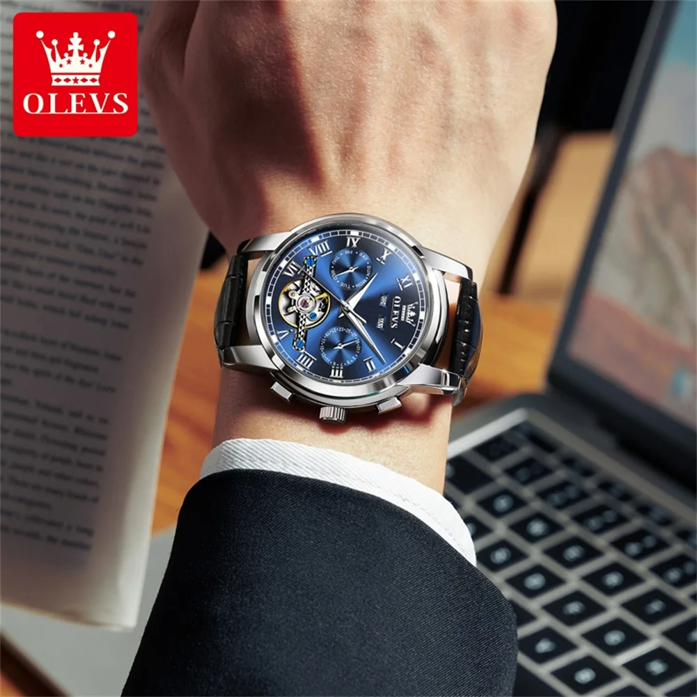 ساعة OLEVS 6607 من أفضل العلامات التجارية الميكانيكية للرجال بحزام جلدي أصلي مقاوم للماء وتقويم مجوف مضيء ساعة أوتوماتيكية للرجال #4