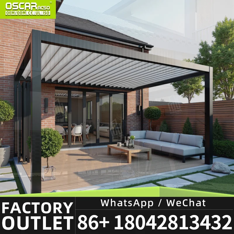 Outdoor Garden Motorized Waterproof Louvered Pergola Zip Screen Modern Bioclimatic Structure Outdoor Shading Solution for Patio