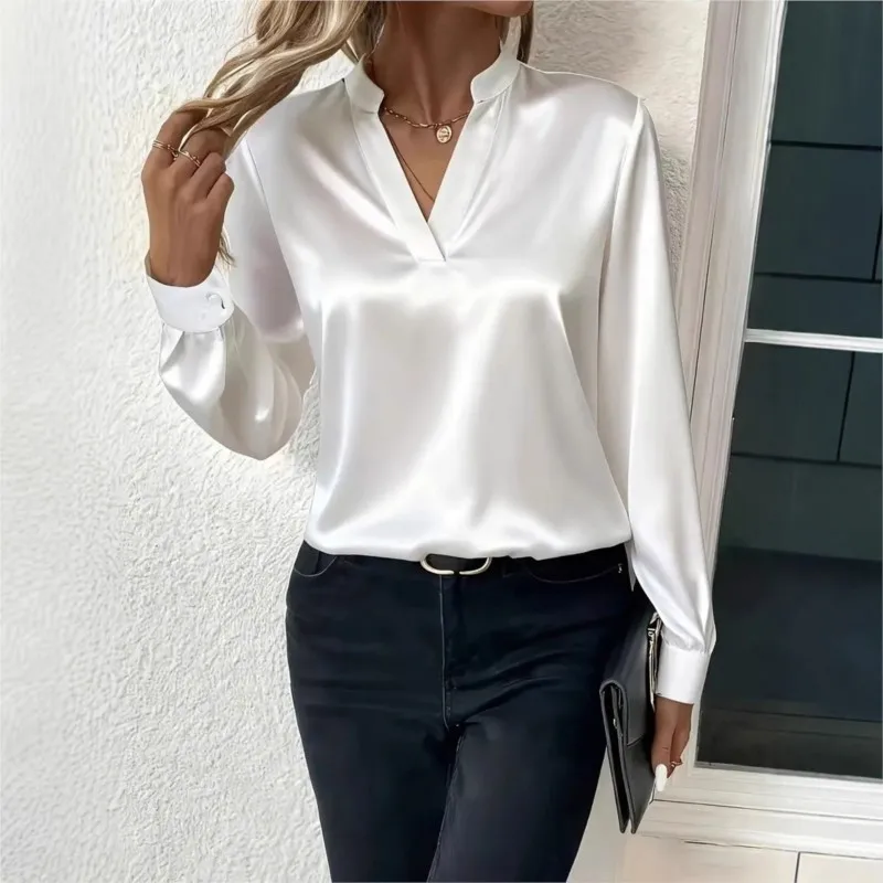 Simples elegante camisa feminina primavera outono cetim cor sólida com decote em v manga comprida camisa solta blusa deslocamento para roupas femininas