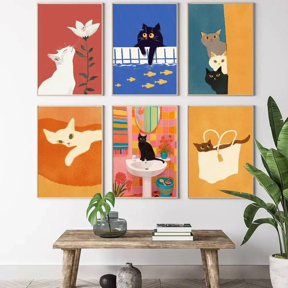 Colorful cute cat in the room Canvas Poster  Waterproof Coffee House Bar fashion Room Decor