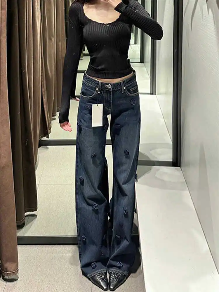 Calça jeans feminina cintura baixa perna reta 2000s y2k harajuku designer azul cowboy high street chique nova maré flor nova