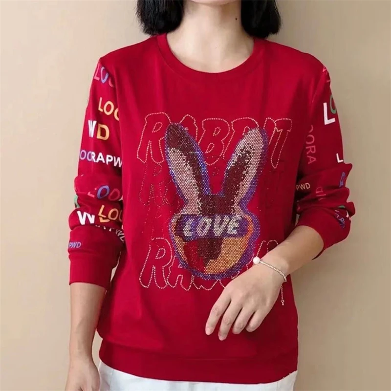 Women\'s Korean Fashion Letter Print Rhinestone Rabbit All Match Sweatshirt Autumn Casual O Neck Long Sleeve Loose Pullover Tops