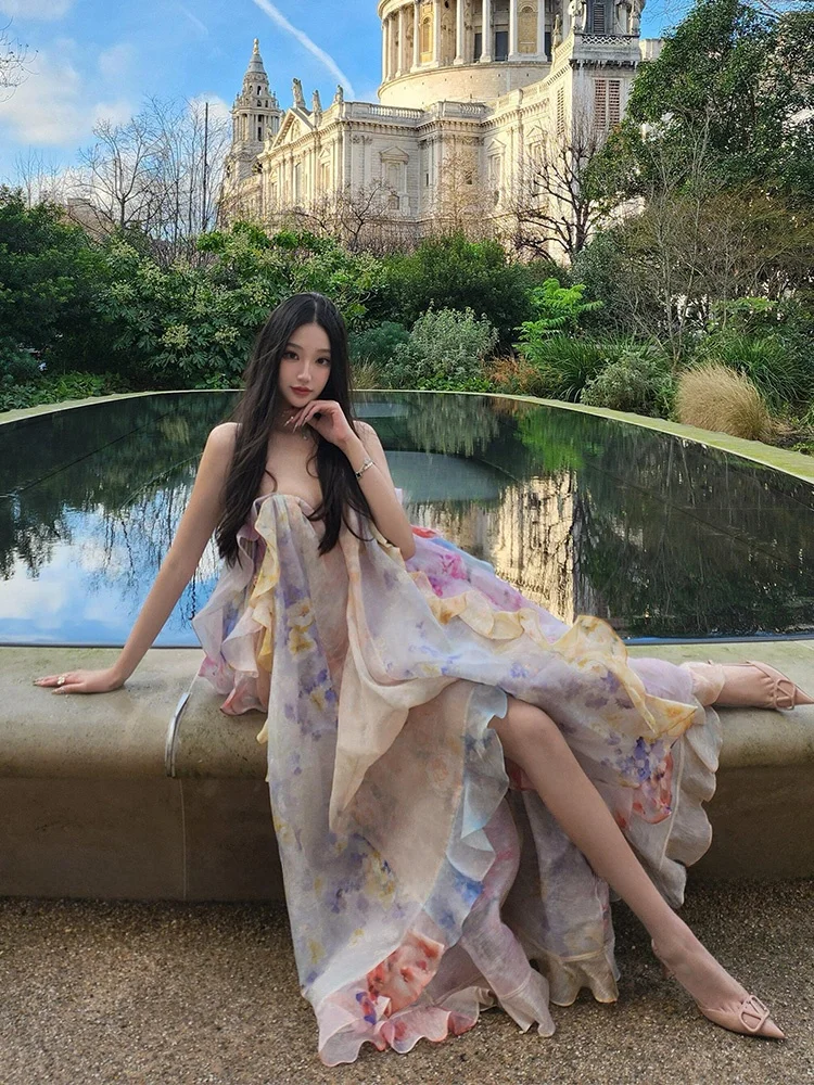 

XZY Chic plus Size Floral Print Strapl Long Dr Women's Summer Vaion Gown High Waist Bal Polyester Fiber Dr
